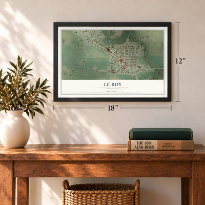 Le Roy, Minnesota map, 12 x 18 inch print in a black frame in an entryway
