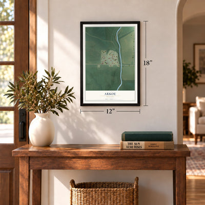 Arkoe, Missouri map, 12 x 18 inch print in a black frame in an entryway