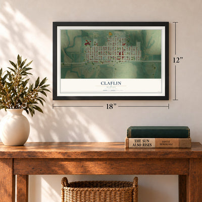 Claflin, Kansas map, 12 x 18 inch print in a black frame in an entryway