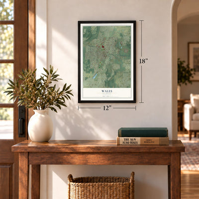 Wales, Wisconsin map, 12 x 18 inch print in a black frame in an entryway