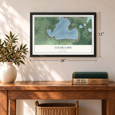 Clear Lake, Indiana map, 12 x 18 inch print in a black frame in an entryway