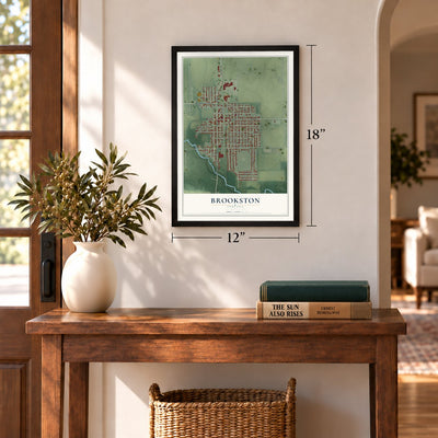 Brookston, Indiana map, 12 x 18 inch print in a black frame in an entryway