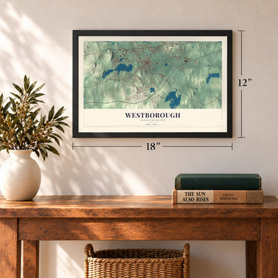 Westborough, Massachusetts map, 12 x 18 inch print in a black frame in an entryway