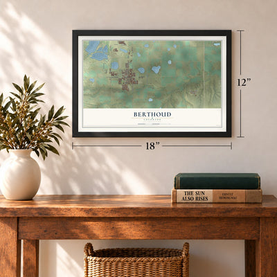 Berthoud, Colorado map, 12 x 18 inch print in a black frame in an entryway