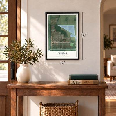 Gueydan, Louisiana map, 12 x 18 inch print in a black frame in an entryway