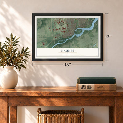 Maumee, Ohio map, 12 x 18 inch print in a black frame in an entryway