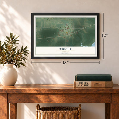 Wright, Minnesota map, 12 x 18 inch print in a black frame in an entryway