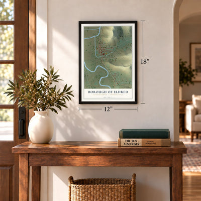 Borough of Eldred, McKean County, Pennsylvania map, 12 x 18 inch print in a black frame in an entryway