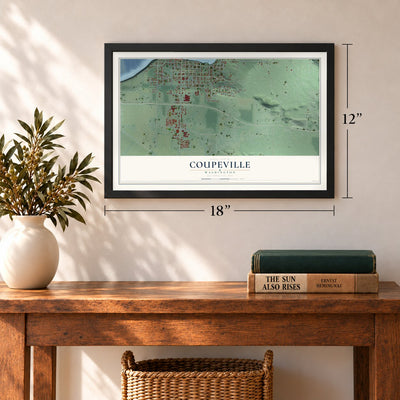 Coupeville, Washington map, 12 x 18 inch print in a black frame in an entryway