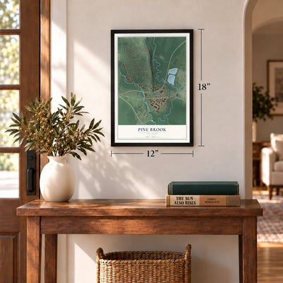 Pine Brook, New Jersey map, 12 x 18 inch print in a black frame in an entryway
