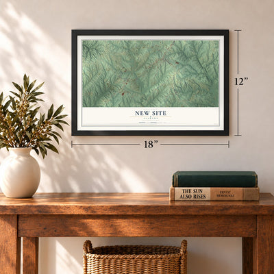 New Site, Alabama map, 12 x 18 inch print in a black frame in an entryway