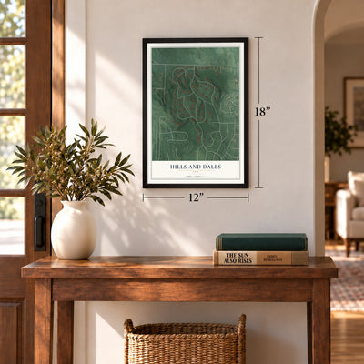 Hills and Dales, Ohio map, 12 x 18 inch print in a black frame in an entryway
