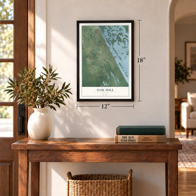 Oak Hill, Florida map, 12 x 18 inch print in a black frame in an entryway