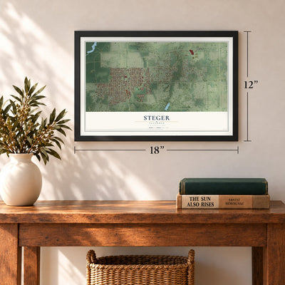 Steger, Illinois map, 12 x 18 inch print in a black frame in an entryway