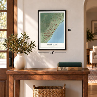 Mound City, Illinois map, 12 x 18 inch print in a black frame in an entryway
