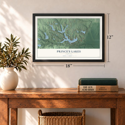 Prince's Lakes, Indiana map, 12 x 18 inch print in a black frame in an entryway