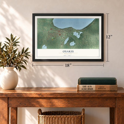 Osakis, Minnesota map, 12 x 18 inch print in a black frame in an entryway