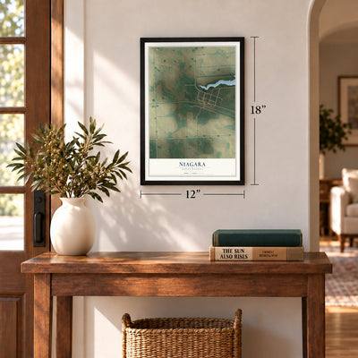 Niagara, North Dakota map, 12 x 18 inch print in a black frame in an entryway