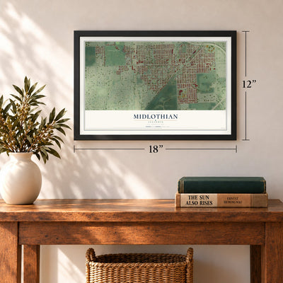 Midlothian, Illinois map, 12 x 18 inch print in a black frame in an entryway