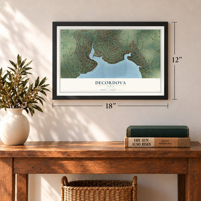 DeCordova, Texas map, 12 x 18 inch print in a black frame in an entryway