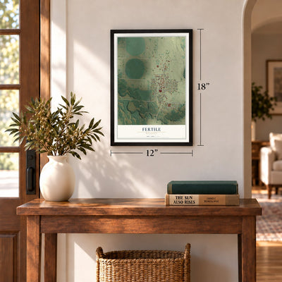 Fertile, Minnesota map, 12 x 18 inch print in a black frame in an entryway
