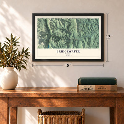 Bridgewater, Vermont map, 12 x 18 inch print in a black frame in an entryway