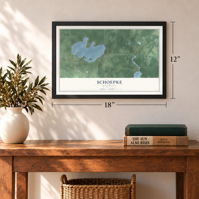 Schoepke, Wisconsin map, 12 x 18 inch print in a black frame in an entryway