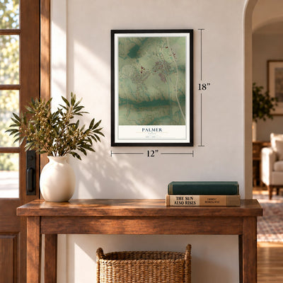 Palmer, Texas map, 12 x 18 inch print in a black frame in an entryway