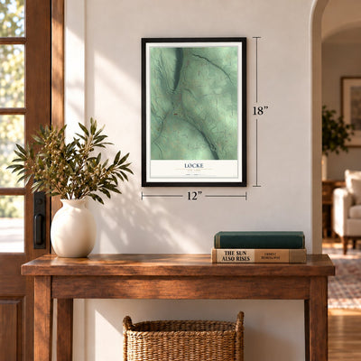 Locke, New York map, 12 x 18 inch print in a black frame in an entryway