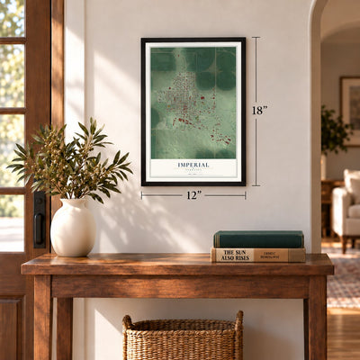 Imperial, Nebraska map, 12 x 18 inch print in a black frame in an entryway