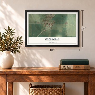 Crossville, Illinois map, 12 x 18 inch print in a black frame in an entryway