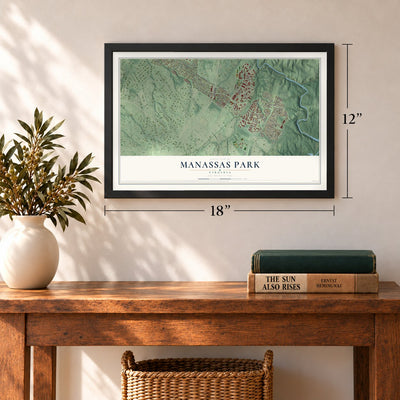 Manassas Park, Virginia map, 12 x 18 inch print in a black frame in an entryway