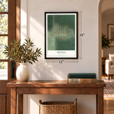 Buffalo, North Dakota map, 12 x 18 inch print in a black frame in an entryway