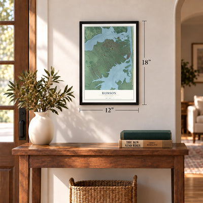Rumson, New Jersey map, 12 x 18 inch print in a black frame in an entryway