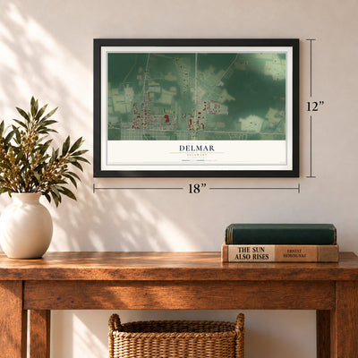 Delmar, Delaware map, 12 x 18 inch print in a black frame in an entryway