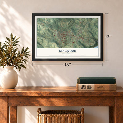 Kingwood, West Virginia map, 12 x 18 inch print in a black frame in an entryway