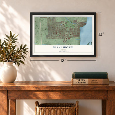 Miami Shores, Florida map, 12 x 18 inch print in a black frame in an entryway