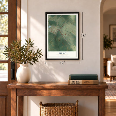 Bishop, Georgia map, 12 x 18 inch print in a black frame in an entryway