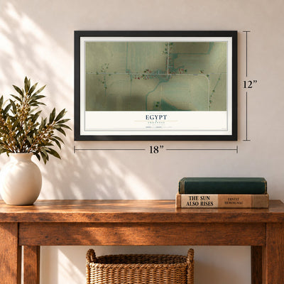 Egypt, Arkansas map, 12 x 18 inch print in a black frame in an entryway