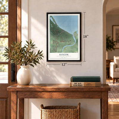 Bangor, Bay County, Michigan map, 12 x 18 inch print in a black frame in an entryway