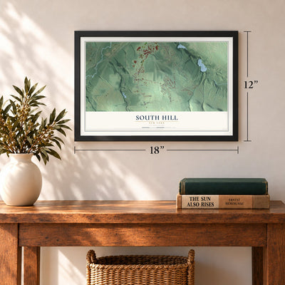 South Hill, New York map, 12 x 18 inch print in a black frame in an entryway