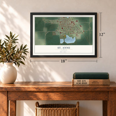 St. Anne, Illinois map, 12 x 18 inch print in a black frame in an entryway