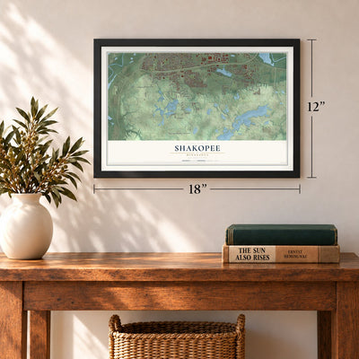 Shakopee, Minnesota map, 12 x 18 inch print in a black frame in an entryway