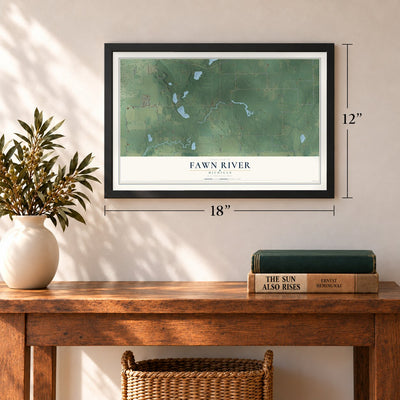 Fawn River, Michigan map, 12 x 18 inch print in a black frame in an entryway
