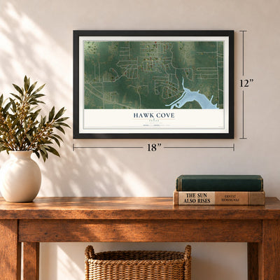 Hawk Cove, Texas map, 12 x 18 inch print in a black frame in an entryway