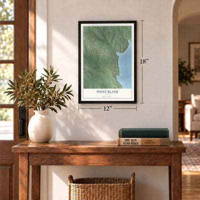 Point Blank, Texas map, 12 x 18 inch print in a black frame in an entryway