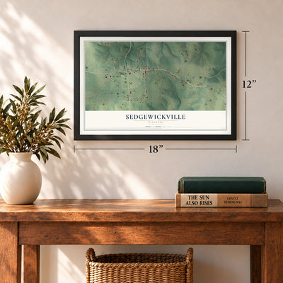 Sedgewickville, Missouri map, 12 x 18 inch print in a black frame in an entryway
