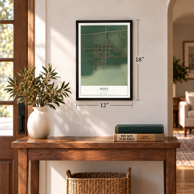 Huey, Illinois map, 12 x 18 inch print in a black frame in an entryway