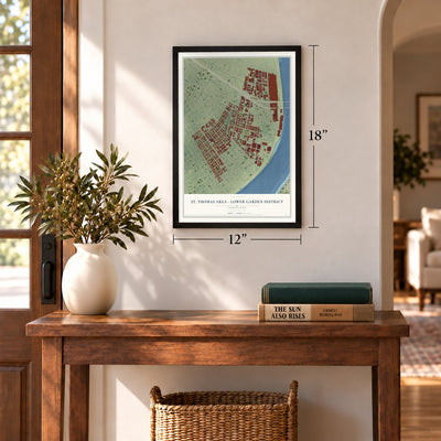 St. Thomas Area - Lower Garden District, Louisiana map, 12 x 18 inch print in a black frame in an entryway