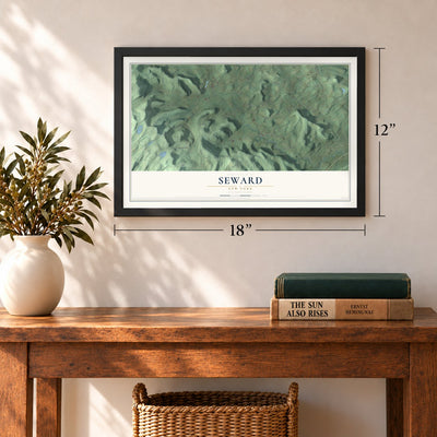 Seward, New York map, 12 x 18 inch print in a black frame in an entryway
